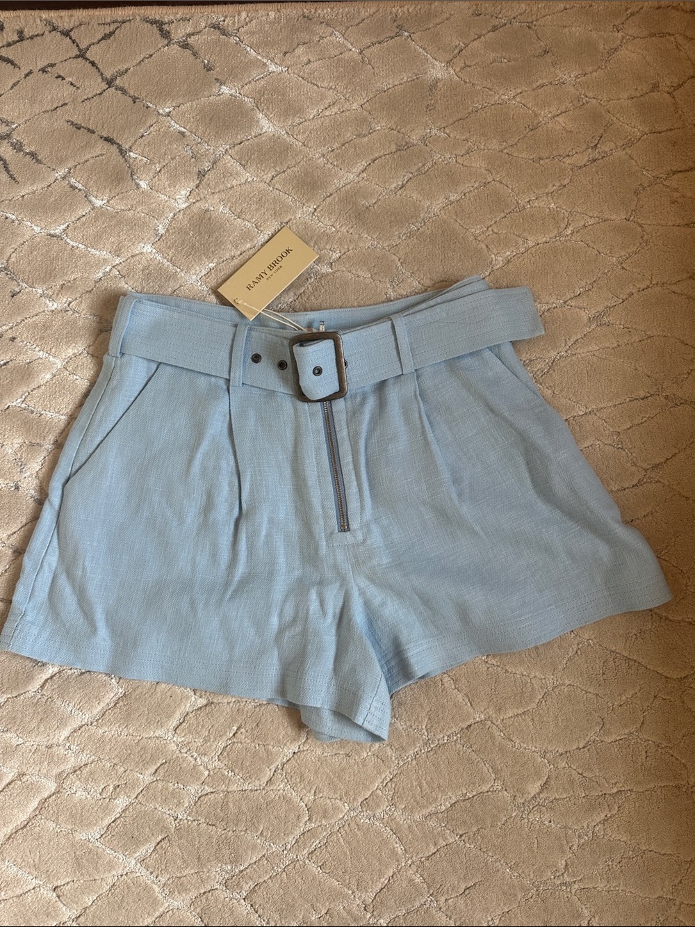 Ramy Brook Sky Blue High-Waist Linen-Blend Shorts with Belt